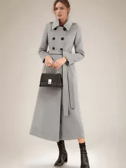 Long Wool Blend Coat For Women Burgundy Double-breasted Belted Turndown Collar Classic Winter Outerwear 2026