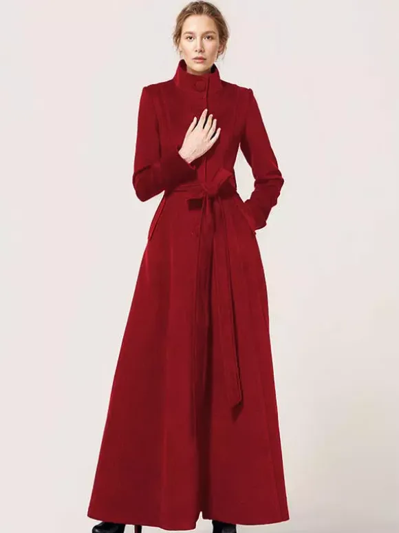 Long Wool Blend Coat Stand collar Belted Warm Classic Full-length Winter Outerwear For Women 2026