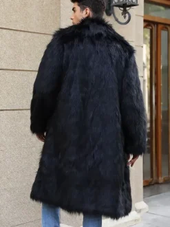 Long Black Men's Faux Fur Coat Winter Warm Long-Sleeved Jacket with Turn-Down Collar
