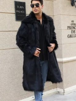 Long Black Men's Faux Fur Coat Winter Warm Long-Sleeved Jacket with Turn-Down Collar