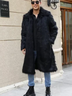 Long Black Men's Faux Fur Coat Winter Warm Long-Sleeved Jacket with Turn-Down Collar