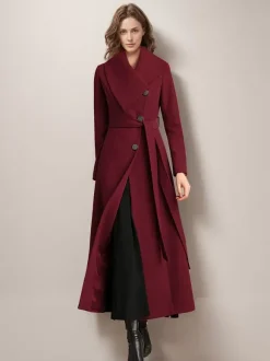 Long Coat For Woman Red Belted Wide Collar Warm Winter Outerwear 2026