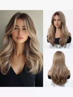 Long Layered Water Wave Synthetic Wig Curtain Bang Ombre Highlight Hair Wig