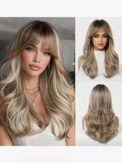 Long Layered Water Wave Synthetic Wig Curtain Bang Ombre Highlight Hair Wig