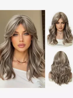 Long Layered Water Wave Synthetic Wig Curtain Bang Ombre Highlight Hair Wig