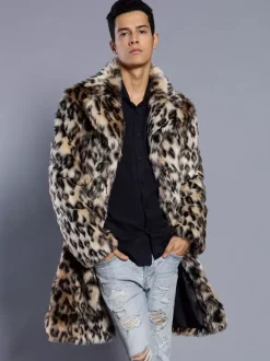 Long Leopard Men's Faux Fur Coat Long-Sleeved Jacket with Turn-Down Collar and Hood
