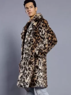 Long Leopard Men's Faux Fur Coat Long-Sleeved Jacket with Turn-Down Collar and Hood