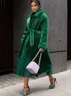 Longline Fux Fur Coat Notched Lapel Belted Eco-friendly Winter Jacket 2026