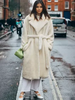 Longline Fux Fur Coat Notched Lapel Belted Eco-friendly Winter Jacket 2026