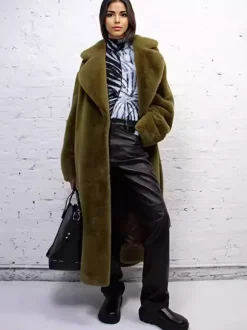 Longline Fux Fur Coat Notched Lapel Belted Eco-friendly Winter Jacket 2026