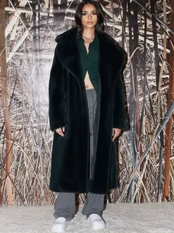 Longline Fux Fur Coat Notched Lapel Belted Eco-friendly Winter Jacket 2026