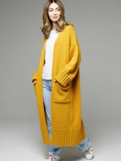 Longline Cardigan Drop Shoulder Ribbed Full Length Women's Sweater