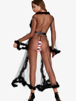 Long Nightgown Black Faux Fur Polyester Sexy Lingerie