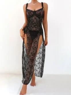Long Nightgown Black Floral Sheer Mesh Maxi Dress High-slit Lace Sexy Lingerie