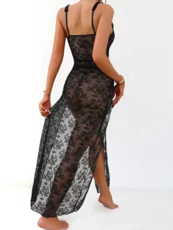 Long Nightgown Black Floral Sheer Mesh Maxi Dress High-slit Lace Sexy Lingerie