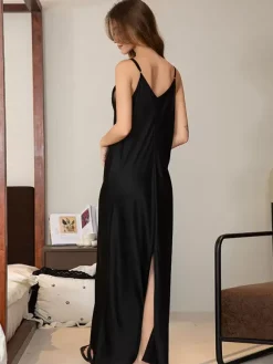 Long Nightgown Black Stretch Elegant Adult's Lingerie