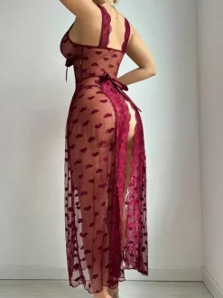 Long Nightgown Burgundy Lace Backless Sheer Mesh Lace Trim Heart Print Babydoll Sexy Lingerie