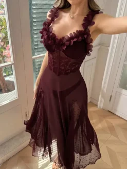 Long Nightgown Pink Lace Flowers Polka Dot Sheer Backless Mesh Sleepwear Sexy Lingerie