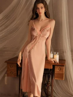 Long Nightgown Red Lounge Sheer Lace Satin Fabric Lingerie