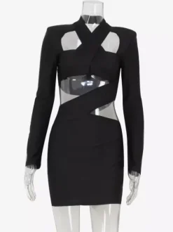 Long Sleeve Cut-Out Bodycon Mini Dress In Black For Night Out 2026