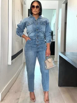 Long Sleeve Denim Jumpsuit For Women - Washed Blue Utility Elastic Waist Pencil Overalls - Spring Daily Streetwear 2026