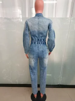 Long Sleeve Denim Jumpsuit For Women - Washed Blue Utility Elastic Waist Pencil Overalls - Spring Daily Streetwear 2026