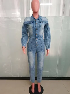Long Sleeve Denim Jumpsuit For Women - Washed Blue Utility Elastic Waist Pencil Overalls - Spring Daily Streetwear 2026