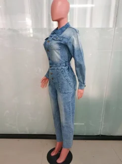 Long Sleeve Denim Jumpsuit For Women - Washed Blue Utility Elastic Waist Pencil Overalls - Spring Daily Streetwear 2026