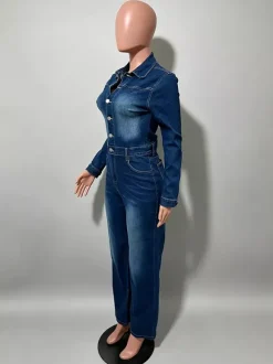 Long Sleeve Denim Jumpsuit For Women - Dark Wash Vintage Slim Fit Straight Leg Button Up Jean Romper - Spring Outdoor 2026