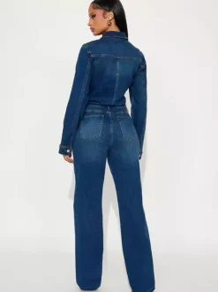 Long Sleeve Denim Jumpsuit For Women - Dark Wash Vintage Slim Fit Straight Leg Button Up Jean Romper - Spring Outdoor 2026