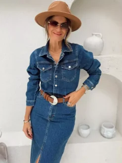 Long Sleeve Denim Midi Dress For Women - Blue Western Style Button Front Split Front Bodycon Jean Dress - Spring Daily Casual 2026