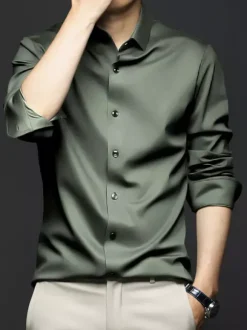 Long-Sleeved Shirts For Men Wrinkle-Free Ironing-Free Ice Silk Shirts
