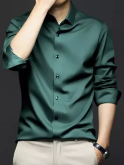 Long-Sleeved Shirts For Men Wrinkle-Free Ironing-Free Ice Silk Shirts