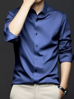 Long-Sleeved Shirts For Men Wrinkle-Free Ironing-Free Ice Silk Shirts