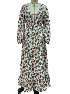 Long Sleeve Floral Maxi Gown - Pink Boho Flowy V Neck Ruffle Dress - Spring Holiday Beach 2026