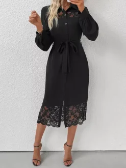 Long Sleeve Lace Trimmed Midi Shirt Dress With Belt And Side Slit For Autumn 2026