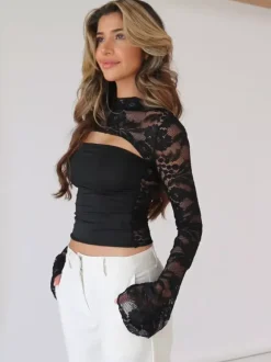 Long Sleeves Tees Black Lace Stand Collar T Shirt For Women