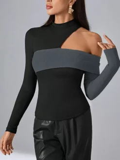 Long Sleeves Tees Black Polyester Color Block Asymmetrical Designed Neckline Women T Shirt
