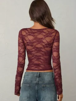 Long Sleeves Tees Burgundy Floral Print Lace Jewel Neck Lycra Spandex Tee Shirt For Women
