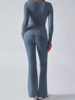 Long Sleeve Two Piece Outfits For Women - V Neck Slim Fit Crop Top And Flared Pants Yoga Set - Spring Gym Lounge 2026