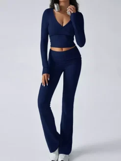 Long Sleeve Two Piece Outfits For Women - V Neck Slim Fit Crop Top And Flared Pants Yoga Set - Spring Gym Lounge 2026