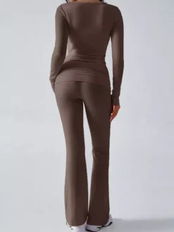 Long Sleeve Two Piece Outfits For Women - V Neck Slim Fit Crop Top And Flared Pants Yoga Set - Spring Gym Lounge 2026