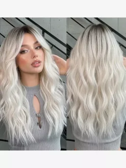 Long Water Wave Synthetic Wig Middle Part Ombre Highlights Hair Wig For Women