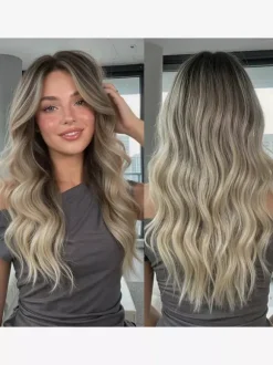 Long Water Wave Synthetic Wig Middle Part Ombre Highlights Hair Wig For Women