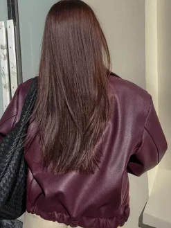 Loose Oversized Faux Leather Coat Turn Down Collar Elastic Hem Casual Moto Jacket