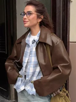 Loose Oversized Faux Leather Coat Turn Down Collar Elastic Hem Casual Moto Jacket