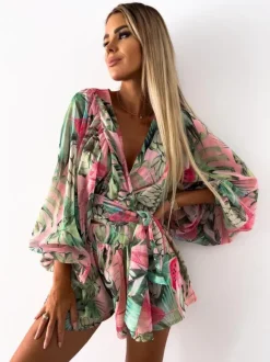 Loose Romper Printed V-Neck Lantern Sleeves Belted Casual Resort Jumpsuit
