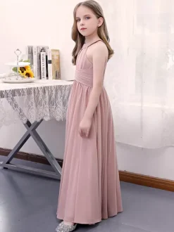 Lotus Pink Flower Girl Dress Chiffon Pleated Halter Sleeveless Kids Birthday Party Dresses