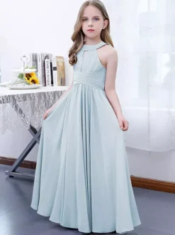 Lotus Pink Flower Girl Dress Chiffon Pleated Halter Sleeveless Kids Birthday Party Dresses