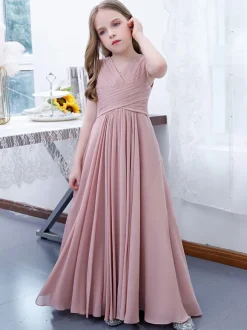 Lotus Pink Flower Girl Dress Chiffon Pleated V-Neck Sleeveless Kids Birthday Party Dresses